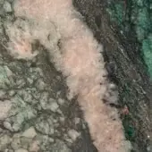 Quartzite indoor rug, green and gray tones, featuring a vertical rose quartz vein and mottled, granular texture with light inclusions.